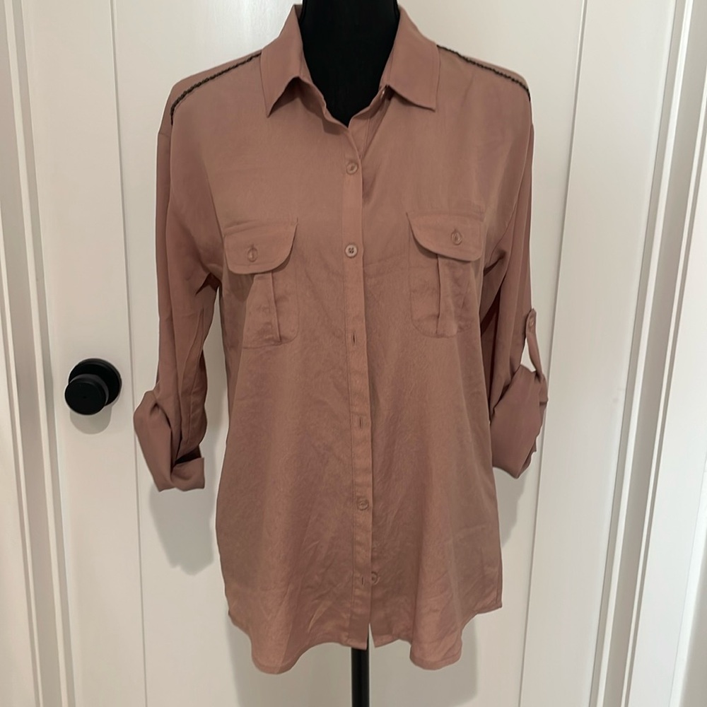 Blush Utility Shirt with beaded shoulder